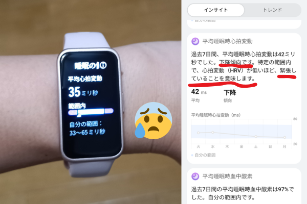 HUAWEI Band 10では個人に応じた平均睡眠時心拍変動などの情報も検知することができるようになりました。