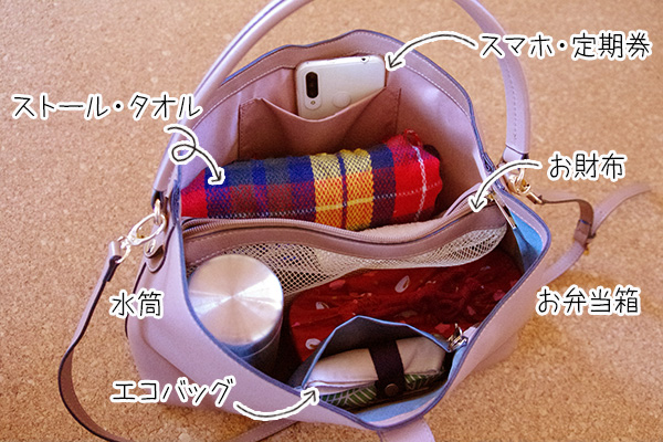フェリシモいっしょ買いバッグIEDIT イディット 香村薫さんとコラボ A4サイズが入って中身がきちんと整理できる ワンショルダー2-WAYバッグに荷物を入れてみました。