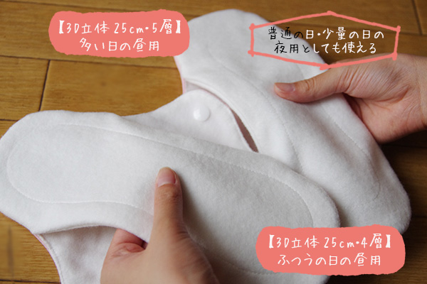 布ナプキンnunona3D福袋に含まれるふつうの日用と多い日用比較